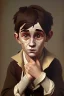 Placeholder: old oil painting of oliver twist boy crying, oil on face, 1800s clothes, realistic detail, factory in background