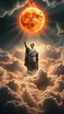 Placeholder: Portrait of the statue of Hercules above swirling clouds, emerges from the heart of a raging storm. Turbulent winds of steam swirl around the iconic structure, lit by shafts of sunlight that cast dramatic shadows on the A ball of fire by over the clouds, another high planet waiting to collapse with the fire , High quality 16k cinematic scene and great photography