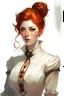 Placeholder: Digital art portrait of a pale British aristocrat woman with copper hair pinned, wearing a loose white blouse and corset, in steampunk style.