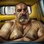 Placeholder: full body shot photography of an Italian sicilian taxi driver burly ugly sitting in the taxi, chubby tired 45 years old driving shirtless, bullneck, thin gold chains, short beard, sweat, short hair, bulge, robust, manly chest, looking down, big shoulders,, photorealistic, side light, ambient occlusion, tired eyes. 35mm lens, internal view inside the Taxi