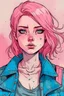 Placeholder: illustration of a young woman with pink hair and blue eyes. she wears grunge clothing style