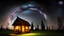 Placeholder: wooden hut lit by a lantern, countryside, beautiful starry sky above