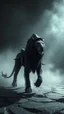 Placeholder: A black hooded creature riding on a hyper details texturing of fullbody the skin realistic textures skin a lion .bcomplex details, extremely, ultra rendering, it is standing admist darkness realms floors
