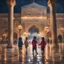 Placeholder: Hyper Realistic Children playing in Al-Aqsa Mosque with garland lights decorations at Rainy Night