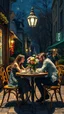 Placeholder: Cafe table outside at night with flowers on the table in the style of vincent van Gogh, withoutonly a couple lovers