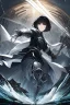 Placeholder: Anime girl with short black hair and sharp green eyes holding a sinister spear, full body black and white metal plate armour, full body shot, Dramatic lighting,1woman, soaked in blood,Warrior