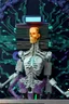 Placeholder: "AI Overlord" portrays a robot in front of a circuit board with the head being a television showing a talking head and the body being a skeleton dressed in a couture suit made from elaborately detailed quilling found in nature; neo-surrealism