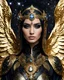 Placeholder: Photography A Length Super model Iranian Woman Hijab and using half masker as Beautiful Archangel with wings made from metal craft,dressing luxurious golden and black color armor filigree fcombination fully crystals diamonds stone crystals,Cosmic Nebula Background