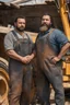 Placeholder: half figure shot photography of TWO ugly 34 year old stocky big chubby robust burly turkish carpenters hugging each other, dirty, wet, wearing overalls, shirtless, manly chest, serious, very virile, long beard, curly hair,, , in a sunny construction work area, photorealistic , photorealistic