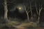 Placeholder: night, flowers, dry trees, gothic horror films influence, mistery, creepy, rocks, mountains, rocky land, friedrich eckenfelder and willem maris impressionism paintings