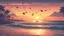 Placeholder: beachside photograph of a sunset, serene, beautiful and peaceful, birds, kites, distant boats, sea waves, detailed pixel art, retro style,