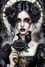 Placeholder: hyper photorealistic watercolor art style of a steampunk gothic style young woman with pale skin, big dark eyes, tiny nose, tiny mouth and messy dark hair , deep, dark colors, holding a black rose. She is gothic dressed, her expression is melancholic, surreal with mysterious elements. smooth blending, extremely detailed, realistic textures, cinematic, dramatic lighting