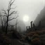 Placeholder: Close-up Ilford photograph of a creepy surreal landscape, eerie, no style, autumn vegetation, very surreal, trees, spooky, metaphysical objects, giant sun, intricate, thoughtful, appalling, mountain rocks, ruins, deep 3d field, 8k, hypermaximalist, lot of fog