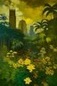 Placeholder: A dark gold rainforest near a big city high rise buildings surrounded with flowers field painted by Paul Gauguin