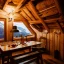 Placeholder: Mountain hut interior, five poeple eating, Austrian aesthetic, oil lamp, wooden floor, night, 8k, HD, cinematography, photorealistic, Cinematic, Color Grading, Ultra-Wide Angle, Depth of Field, hyper-detailed, beautifully color-coded, insane details, intricate details, beautifully color graded, Cinematic, Color Grading, Editorial Photography, Depth of Field, DOF, White Balance, 32k, Super-Resolution, Megapixel, ProPhoto RGB, VR