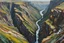 Placeholder: Aerial view palette knife landscape painting of an Icelandic river canyon with towering columnar basalt cliffs, in the Expressionist style of Egon Schiele, Oskar Kokoschka, and Franz Marc, highly detailed in muted natural colors with fine detail outlining and shading