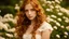 Placeholder: High resolution sharply focused closeup of a beautiful and slender caucasian 17 year old girl with long wavy auburn hair. She is wearing a white lace corset. She is in a flower garden. She is gazing demurely at the viewer.