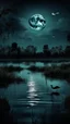 Placeholder: A swamp with dark ducks swimming and dark sky with moon covering the moon
