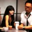 Placeholder: Courtney Cox, Courtney Love and Ken Watanabe chatting happily over coffee at Starbucks