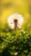 Placeholder: A small figure made of wispy dandelion fluff, floating dreamily above a patch of clover, with the soft sunlight casting a golden halo around its ethereal form.