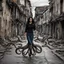 Placeholder: a woman with dark hair walking on octopus legs, down a derelict street
