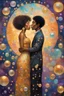 Placeholder: mixed race couple in a world of bubbles, back towards each other, colorful, painterly, like a painting, mystical, wonder, mysterious, psychedelic art, gustav klimt style, gold leaf, romantic, art nouveau, celestial, cosmic