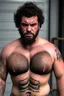 Placeholder: short ugly hefty burly dirty muscular chubby hairy angry man italian 26 years old, curly hair, shirtless, tattoo, manly chest with bulging opened overalls, angry eyes, inside a mechanical workshop under the sun sitting on the hood of a car, open legs, photorealistic, ambient occlusion, side light , frontal view from the floor