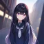 Placeholder: Clear focus,High resolution, Black long straight hair, Long bangs, and purple eyes, Looking down on you, wearing a sailor uniform that is black and red, sighing, Detailed hair