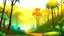 Placeholder: Cartoon illustration for children: Cenozoic misty rainforest, with prehistoric trees and a volcano