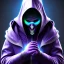 Placeholder: purple galaxy masked hooded super villain, weapons in hands, teal and purple smoke, full portrait, hyper realistic, 4k