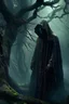 Placeholder: a strange dark hooded shadow standing behind a scary tree without leaves . its skin is covered in moss and lichen, allowing it to blend seamlessly into its surroundings. Forest Spirits feed on the energy of trees and can create thick fog to confuse their victims.