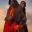 Placeholder: dungeons and dragons, monk, black, african, portrait, face, close up, cloak, clothes, cape, brown fabric, sunset, red sun, single person, red sky, hood, only face