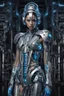 Placeholder: A biomechanical futuristic full body fashion model in a metal silver/blue armored dress, adorned with clear printed hieroglyphic symbols, microchip designe, futuristic headset, Fashion show background, energy, molecular, mecha, future fashion