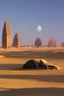 Placeholder: alien buildings, in the desert, surrounded by acacia trees, dunes, pathways, lake, roads, mountains, blue sky