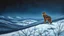 Placeholder: Painting depicting a lone wolf standing on a snow-covered hill under a dark, starry sky. The wolf, with its brown and gray fur, is positioned in the right foreground, gazing towards a distant village nestled in the valley below. The village is composed of small, snow-covered houses with smoke rising from chimneys, suggesting warmth and life within. The landscape is barren, with a few leafless branches in the foreground, adding to the cold, desolate atmosphere. The sky is a deep blue with scatter