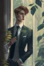 Placeholder: 20 Year boy with pretty face he is gay and gentle. smoking behind window while looking outdoor trees. His in a full official suit. Two of his boyfriends around him