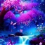 Placeholder: sakura, grand arbres fleuris bleu or mauve rose, étoiles, à l'aube, glossy, très belle nature, grandes fleurs colorés, cascades,papillons, etoiles, champignons, fées tres magiques