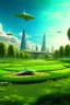 Placeholder: Dream city park with cosmopolitian and very much green grass and plane flying by