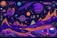 Placeholder: A purple outer space with planets and spaceships designed in native American petroglyphs painted by Edvard Munch