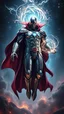 Placeholder: "A powerful figure floats effortlessly in a mystical realm, combining the regal presence of Magneto with the arcane finesse of Doctor Strange. His armor gleams like liquid metal, seamlessly adorned with glowing magical runes, while a flowing cape reminiscent of the Cloak of Levitation trails behind him. His hands radiate with swirling magnetic energy intertwined with mystical sigils, manipulating shards of metal to orbit him in a perfect sphere.