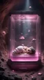 Placeholder: full body portrait of soap star sleeping inside a full size glass casket sarcophagus filled with calm transparent pinkish embalming liquid inside coal mine shaft,bokeh like f/0.8, tilt-shift lens 8k, high detail, smooth render, down-light, unreal engine, prize winning