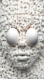 Placeholder: A balled face in details . The texture of the face is a collage of many 3D white random letters covering the whole face and the eyes are covered by two eggs