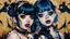 Placeholder: Poster in two gradually, a one side malevolent goth vampire girl face and other side the Singer Melanie Martinez face, painting by Yoji Shinkawa, darkblue and gold tones,