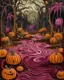 Placeholder: A purplish magenta swamp with pumpkins and spiders designed in Bayeux tapestry painted by Edvard Munch