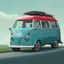 Placeholder: illustrator:classic yellow VW Classic: 1967 Microbus on the road,cartoon, many clouds, blue sky,cinematic light