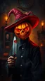 Placeholder: pria berwajah Pumpkin, topi merah, terlihat menyeramkan dengan sebilah pisau berdarah ditangannya dan berdiri diruangan mistik penyihir dengan asap misterius fractal dilatarnya. Gaya picasso