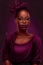 Placeholder: realistic illustration of an African American with long box braids styled in a simple bun a top her head, do not cut off her hair, she has on purple large rim glasses, she has full lips, long eyelashes and beautiful burgundy Smokey eye makeup, she has burgundy manicured nails, and a black sweatshirt that has the words “standing on business all 2024” in white bold letters, she is sitting at a desk writing in a journal, there is a vision board on the wall behind her with various pictures of cars,