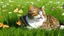 Placeholder: Funny cat in the grass with butterfly