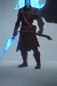 Placeholder: A warrior with a matte black combat helmet and eyes with bright blue flaming pupils, a black cape and a long coat with long combat boots and a long, sharp and fiery spear and with his helmet under his cape and two blue flames instead of eyes