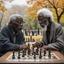 Placeholder: realistic gritty photo with canon lens, old black man with glasses and white hair playing chess against a child on a table in central park on a cloudy fall day, dramatic, detailed, dynamic composition, hyperreal, nostalgic, moody